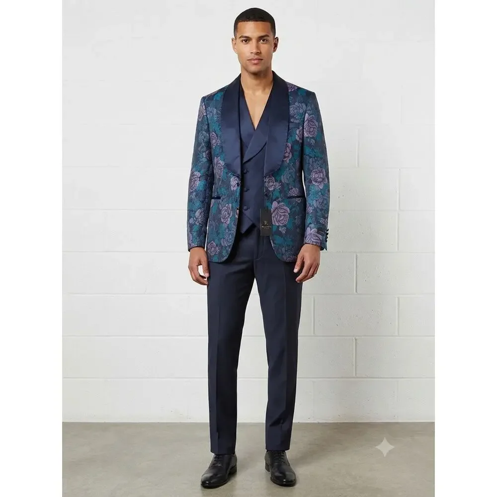 Pietro Scarlatti Mens Suit 3pc US 44 EU 54 Floral Blazer Vest Pants Blue T2